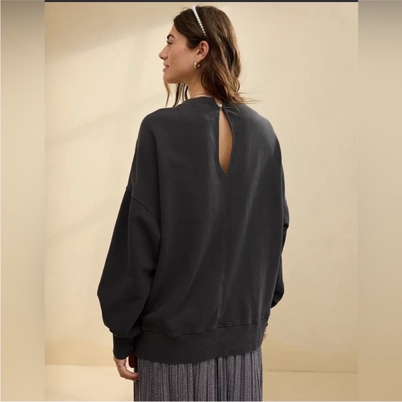 Aerie Big Chill Lace Bow Oversized Sweatshirt Coquette Washed Black and White L - Picture 4 of 10